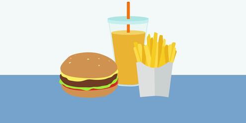 Hamburger, fries and orange juice.
