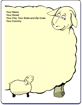Stationery template with an illustration of a large sheep taking up the page and a baby sheep beside the larger one in the bottom left corner.