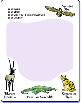 Stationery template with illustrations of a Tibetan Antelope, American crocodile, Sumatran Tiger and Spotted Owl at the bottom and top right corner.