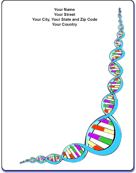 Stationery template with an illustration of a double helix in the bottom right corner, extending along the bottom and right sides.