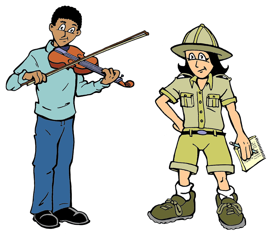 a boy playing a violin and a girl in safari clothes