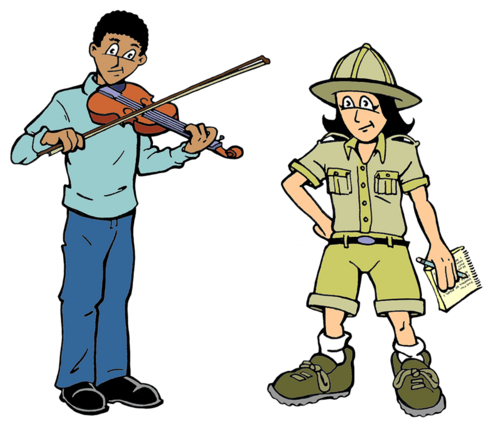 a boy playing a violin and a girl in safari clothes