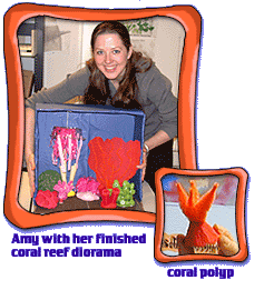 Amy with her finished coral reef diorama and a close up of her model for coral polyp
