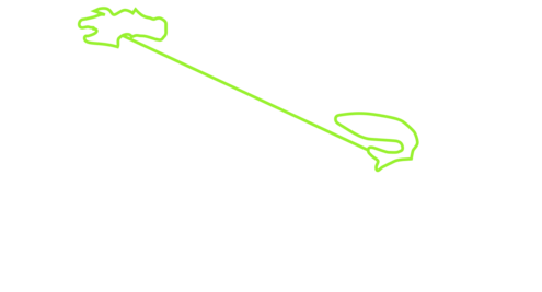 Colorful outline connecting an irregular oval shape to a shark shape with a straight line.