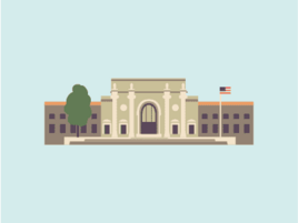 Illustration of a building with columns at the entrance and a tree and American flag outside.