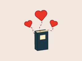 Illustration of a book with three hearts floating above it connected to the book via dotted lines.