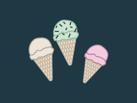 Illustration of three ice cream cones with different flavored scoops.