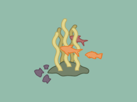 Illustration of three fish swimming around seaweed.