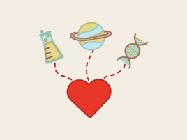 Illustration of a heart with a beaker, ringed planet, and DNA strand connected to it via dotted lines. 