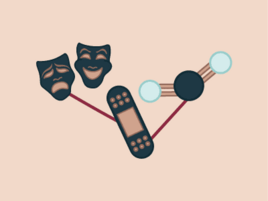 Illustration of two theatrical masks, a bandage, and a molecular structure connected by lines. 