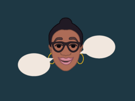 Illustration of the head of a person with glasses, hoop earrings and a bun hairstyle with two speech bubbles. 