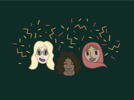 Illustration of three smiling faces surrounded by confetti.