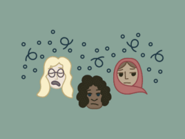 Illustration of three people with unhappy expressions surrounded by floating circles and loops. 