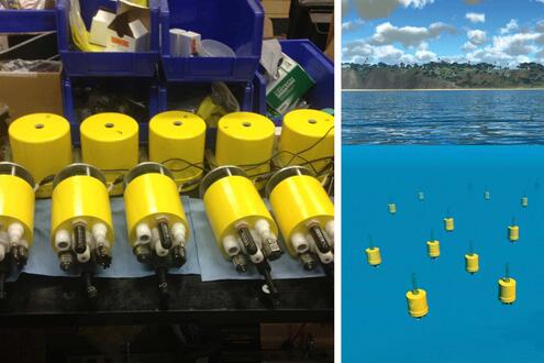left, two rows of yellow cylindrical mini-autonomous underwater explorers; right, an artist’s rendering of these devices floating on the ocean surface