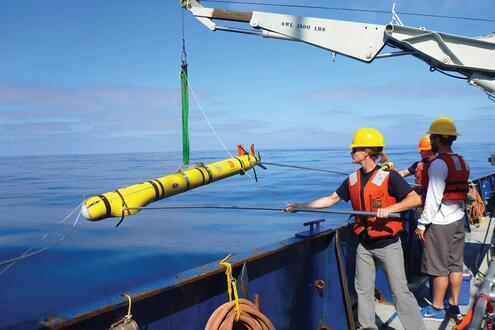Scientists, aided by a small crane, prepare to deploy a torpedo-shaped REMUS vehicle into the ocean. 