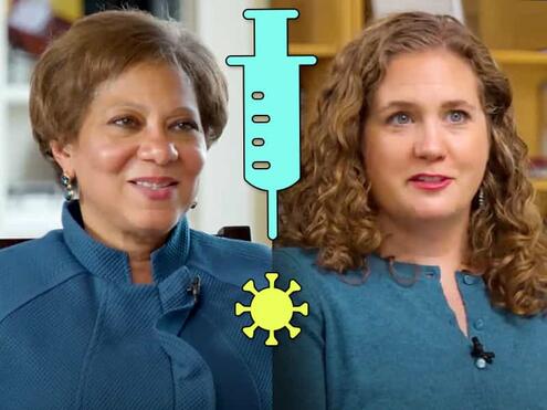 Side-by-side image of medical doctor Lisa Cooper and epidemiologist Jennifer Nuzzo with an icon of a syringe and virus between them.