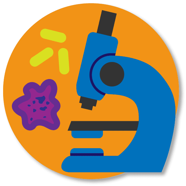 circular icon with microscope and bacteria