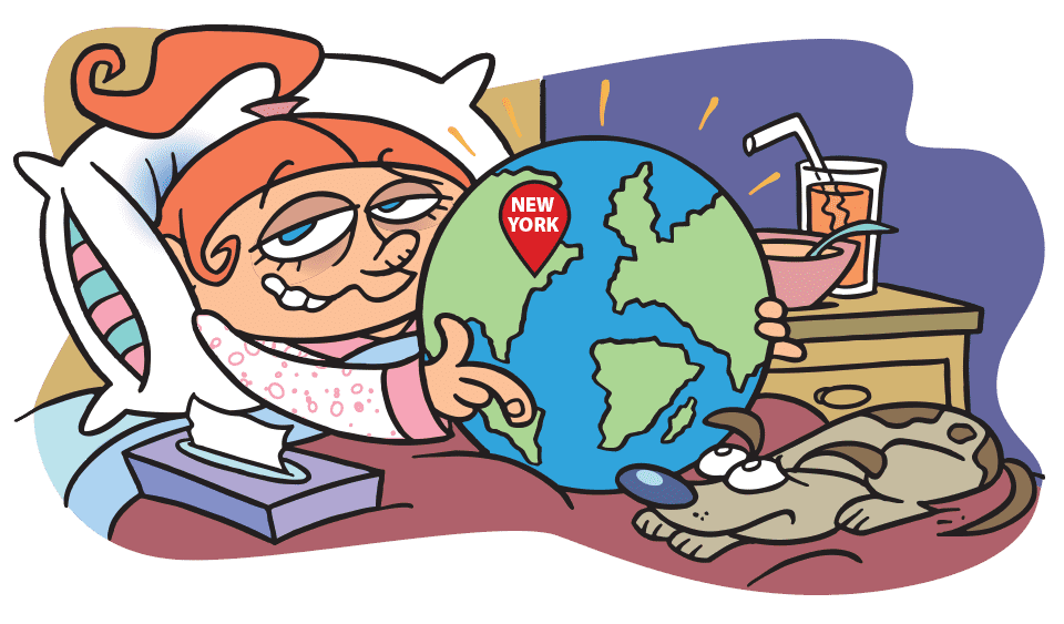 red-haired girl sick in bed holding a globe with New York labeled