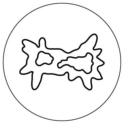 Line drawing of an irregular shape spiked at both ends inside of a larger circle, representing a verrucomicrobia microbe.