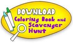 Cartoonish, bright text reading "Download Coloring Book and Scavenger Hunt" and illustration of two crayons and a magnifying glass inside of a circle.