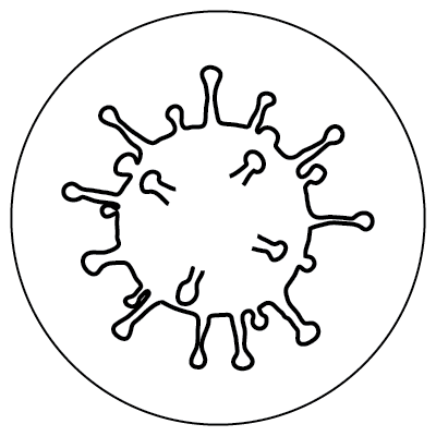 Line drawing of a circle with spikes all over inside a larger circle, representing an influenza microbe.