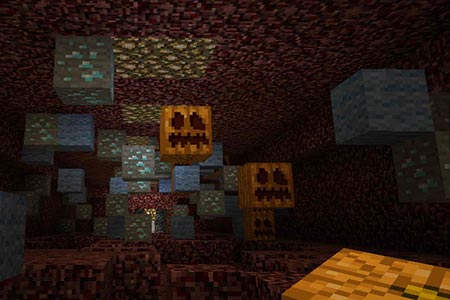 Dark room with jack-o-lantern cubes on ceiling.