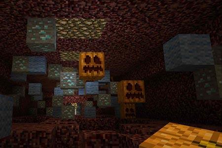 Dark room with jack-o-lantern cubes on ceiling. 