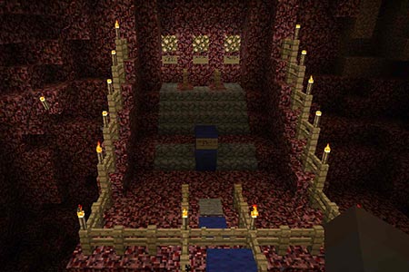 Large Stairwell lit by torches in the "Defend the Human" minigame.