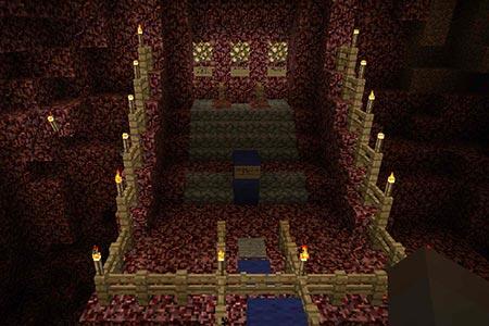 Large Stairwell lit by torches in the "Defend the Human" minigame. 