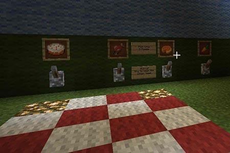 Room with checkered red and white tile on the floor and food stations on the wall. 