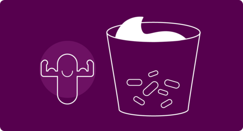 A microbe "flexing muscles" to show it is strong next to a jar of yogurt with microbes in it.