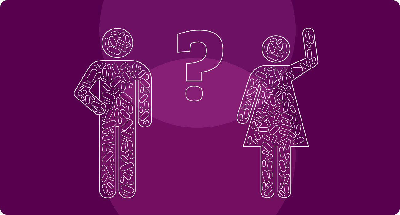 Icons representing a man and a woman covered with mysterious geometrical shapes.