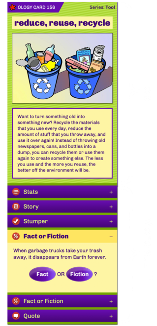 ology card for reduce, reuse, and recycle topic with top have showing large picture and summary and bottom half showing more buttons to click