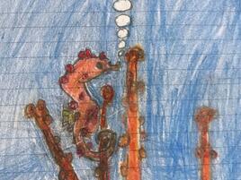 drawing of a pigmy seahorse blending in to the coral
