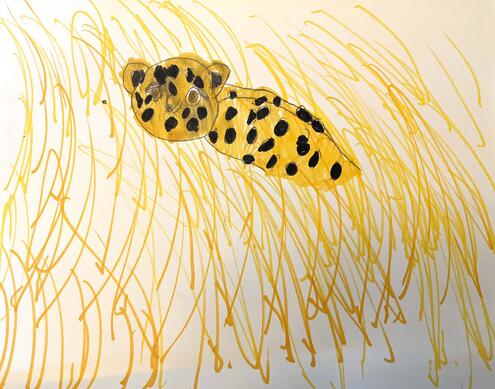 drawing of a leopard blending into the dry yellow grass