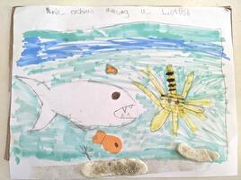 collage of a mimic octopus evading a shark