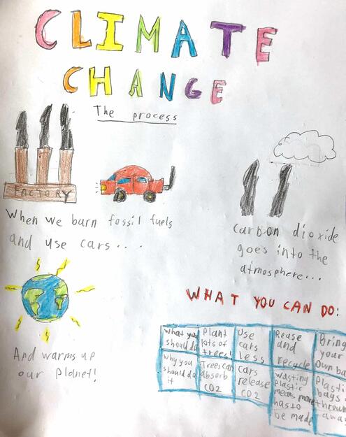 Climate Change poster showing many problems and solutions