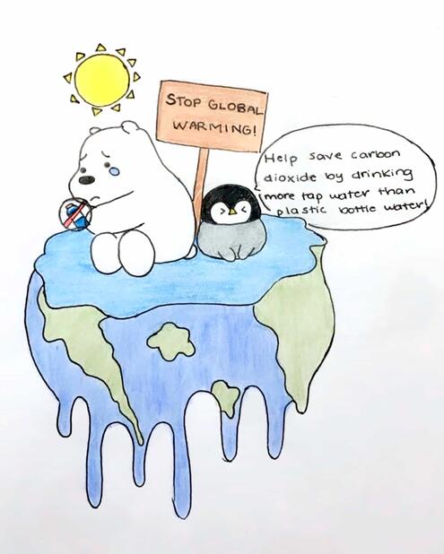 poster with imagery of a melting Earth and a sad polar bear and penguin