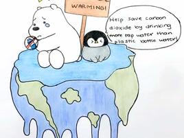 poster with imagery of a melting Earth and a sad polar bear and penguin