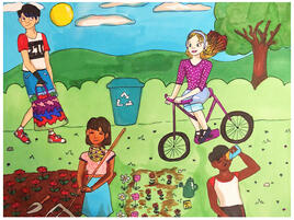 poster showing scene of people cleaning up a park and a recycling bin, and a person riding a bike