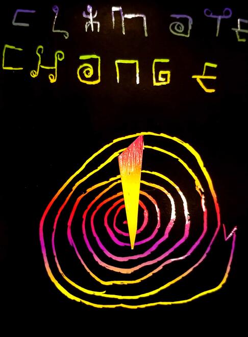poster with abstract art of dagger in the middle of swirl and title climate change
