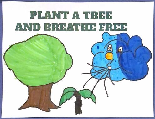 poster with imagers a wind blowing on a tree and the slogan Plant a Tree and Breathe Free