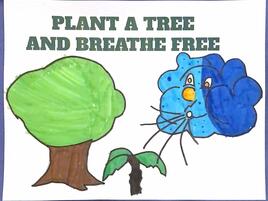 poster with imagers a wind blowing on a tree and the slogan Plant a Tree and Breathe Free