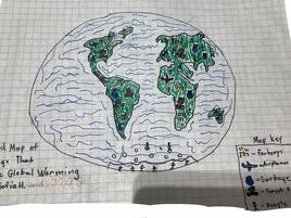poster with a drawing of the earth and many things that cause climate change