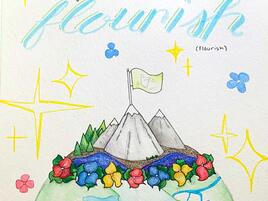 poster with the slogan Let Our Planet Flourish and a drawing of the Earth with flowers on top