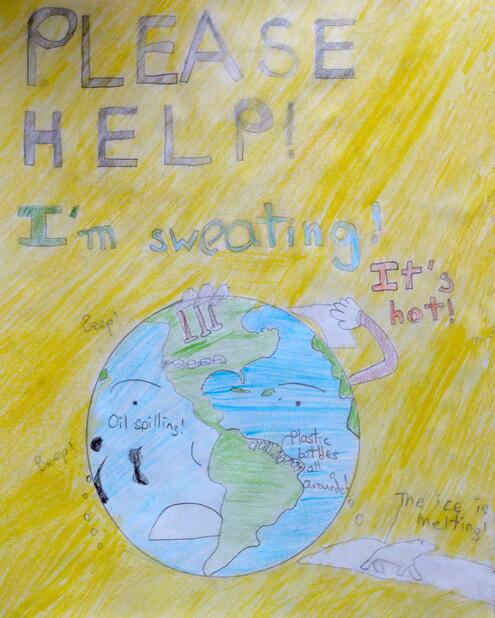 poster with a drawing of the Earth and the slogan Please Help! I am Sweating! It's Hot.