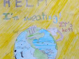 poster with a drawing of the Earth and the slogan Please Help! I am Sweating! It's Hot.