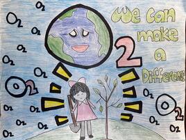 poster with a drawing of a girl planting a tree to create more oxygen and the slogan We Can Make a Difference