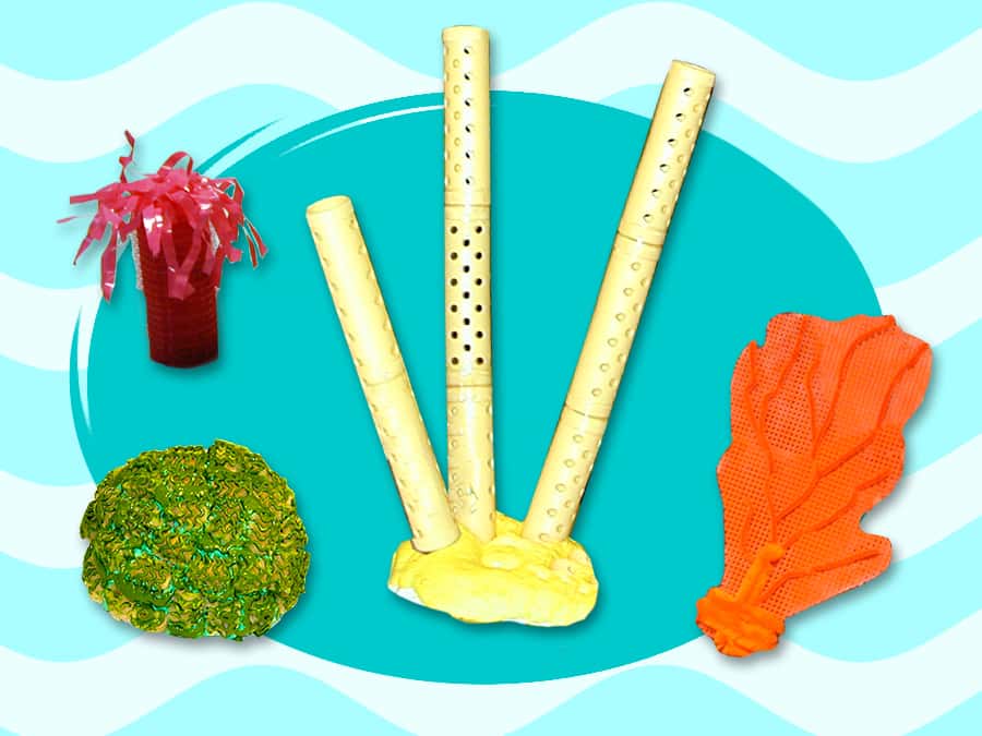 coral reef creatures created out of household items