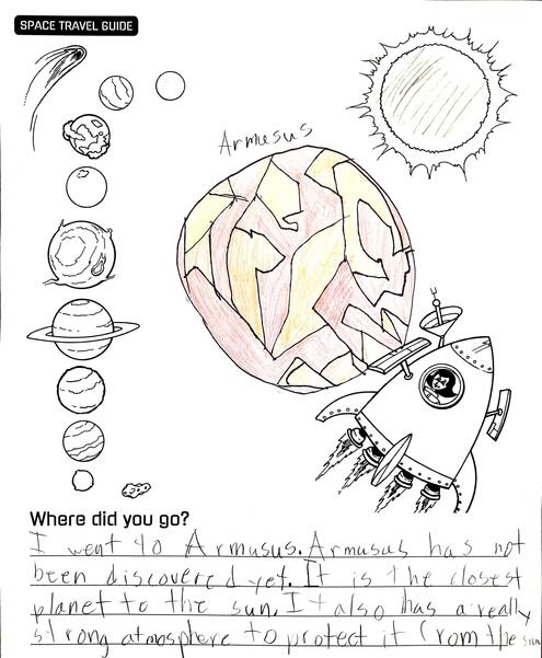 illustration of solar system and rocket ship with addition of imaginary planet called Armusus